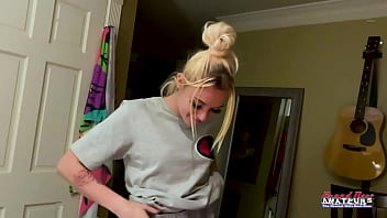 Petite inked blonde sassy rubs her juicy titties and finger fucks her twat