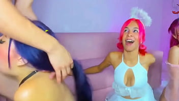 Purple haired girl gets throat fucked leaving cock drooling