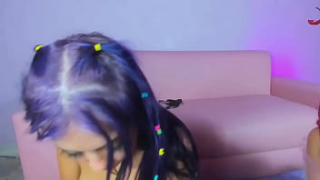 Purple haired girl gets throat fucked leaving cock drooling