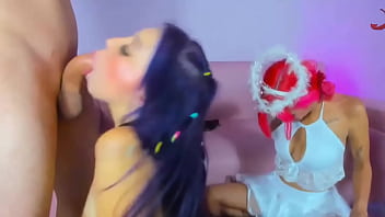 Purple haired girl gets throat fucked leaving cock drooling