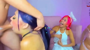 Purple haired girl gets throat fucked leaving cock drooling
