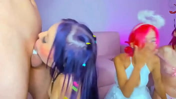 Purple haired girl gets throat fucked leaving cock drooling