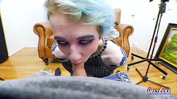 Petite exotic coed raven rubs her twat and gets jizzed sucking a cock