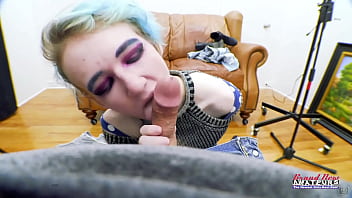 Petite exotic coed raven rubs her twat and gets jizzed sucking a cock