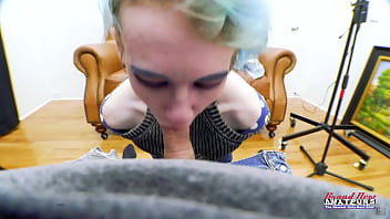 Petite exotic coed raven rubs her twat and gets jizzed sucking a cock