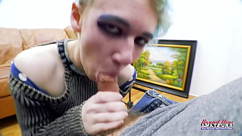 Petite exotic coed raven rubs her twat and gets jizzed sucking a cock