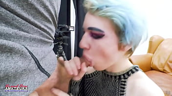 Petite exotic coed raven rubs her twat and gets jizzed sucking a cock