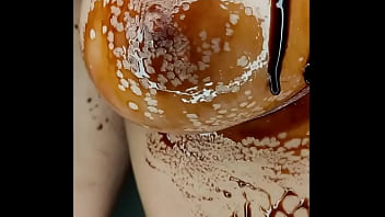 Sexy erotic 21 years old teen playing with her delicious boobs & pussy with chocolate syrup valentine special