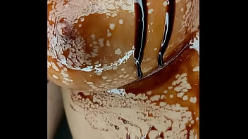 Sexy erotic 21 years old teen playing with her delicious boobs & pussy with chocolate syrup valentine special