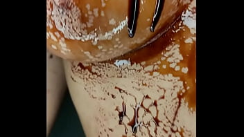 Sexy erotic 21 years old teen playing with her delicious boobs & pussy with chocolate syrup valentine special