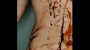 Sexy erotic 21 years old teen playing with her delicious boobs & pussy with chocolate syrup valentine special