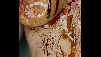 Sexy erotic 21 years old teen playing with her delicious boobs & pussy with chocolate syrup valentine special