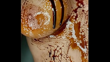 Sexy erotic 21 years old teen playing with her delicious boobs & pussy with chocolate syrup valentine special