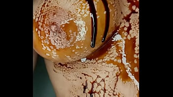 Sexy erotic 21 years old teen playing with her delicious boobs & pussy with chocolate syrup valentine special