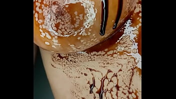 Sexy erotic 21 years old teen playing with her delicious boobs & pussy with chocolate syrup valentine special