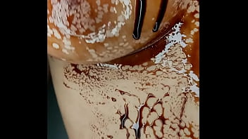 Sexy erotic 21 years old teen playing with her delicious boobs & pussy with chocolate syrup valentine special