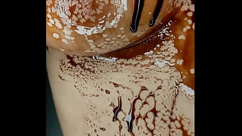 Sexy erotic 21 years old teen playing with her delicious boobs & pussy with chocolate syrup valentine special