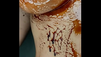 Sexy erotic 21 years old teen playing with her delicious boobs & pussy with chocolate syrup valentine special