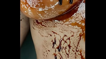 Sexy erotic 21 years old teen playing with her delicious boobs & pussy with chocolate syrup valentine special