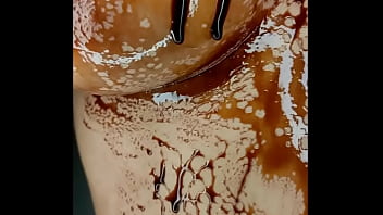 Sexy erotic 21 years old teen playing with her delicious boobs & pussy with chocolate syrup valentine special