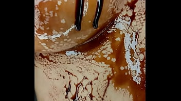 Sexy erotic 21 years old teen playing with her delicious boobs & pussy with chocolate syrup valentine special