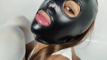 Pervert bitch sucks my cock in the bathtub and i fuck her face with leather slave mask