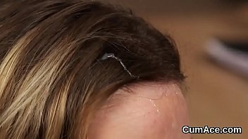 Slutty stunner gets jizz load on her face sucking all the charge