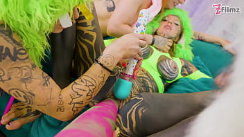 Tattooed lesbian orgy dildo play and costume leads to real orgasm Tattooed lesbian orgy dildo play and costume leads to real orgasm