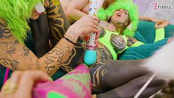 Tattooed lesbian orgy dildo play and costume leads to real orgasm