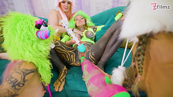 Tattooed lesbian orgy dildo play and costume leads to real orgasm