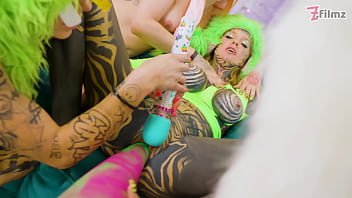 Tattooed lesbian orgy dildo play and costume leads to real orgasm