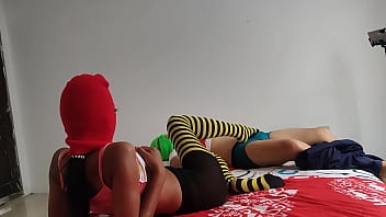 Stepmother caresses her buttocks and tits then the stepson arrives and rubs his penis with her feet