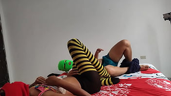 Stepmother caresses her buttocks and tits then the stepson arrives and rubs his penis with her feet