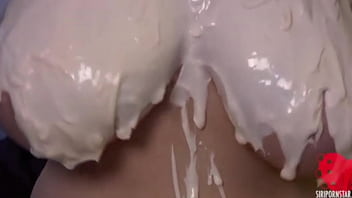 Blonde siri covers her big perfect tits with a lot of lotion