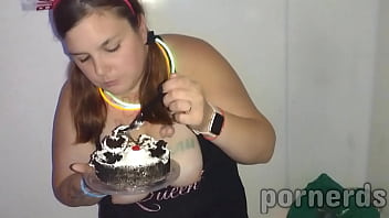 Nasty slut scarlett eats 11 loads on her birthday cake at adult video arcade