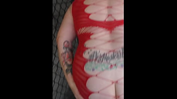 Public kiwi slutty bitch carries out the rubbish wearing red fishnet mini dress in full view