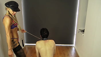 Lady shirley dominate her slave with kicking and spank him with different tools