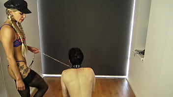 Lady shirley dominate her slave with kicking and spank him with different tools