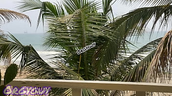 Ebony wife flashes pussy at a beach house