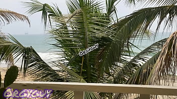 Ebony wife flashes pussy at a beach house