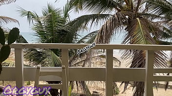 Ebony wife flashes pussy at a beach house