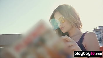 Skinny milf blondie posing naked on the rooftop for playboy