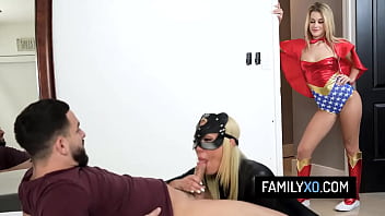 Pervy stud fucks his blonde stepmom and stepsister dressed as superheroines