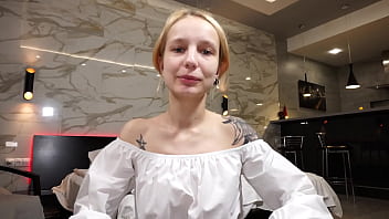 This skinny blonde does a sensual blowjob i give her a good fuck in return