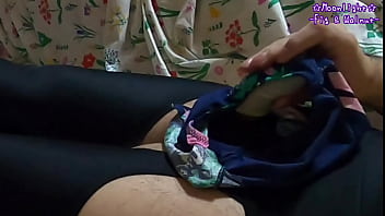 ガーターストッキング穿いて水着のクロッチでオナニーしてそのまま射精