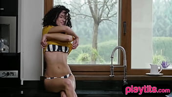 Slender european beauty strips and reveals her perky tits and bushy lil cunt