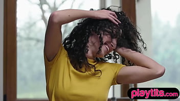 Slender european beauty strips and reveals her perky tits and bushy lil cunt