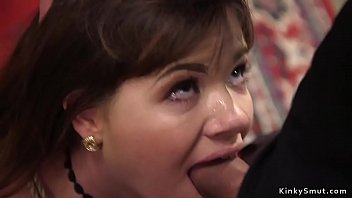 Brunette slave takes slave training with big dick