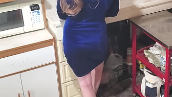 I couldn't help but get on me knees for her in blue dress