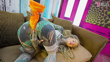 Tattoo girl solo anal play with big dildo sexy fishnets highheels stocking